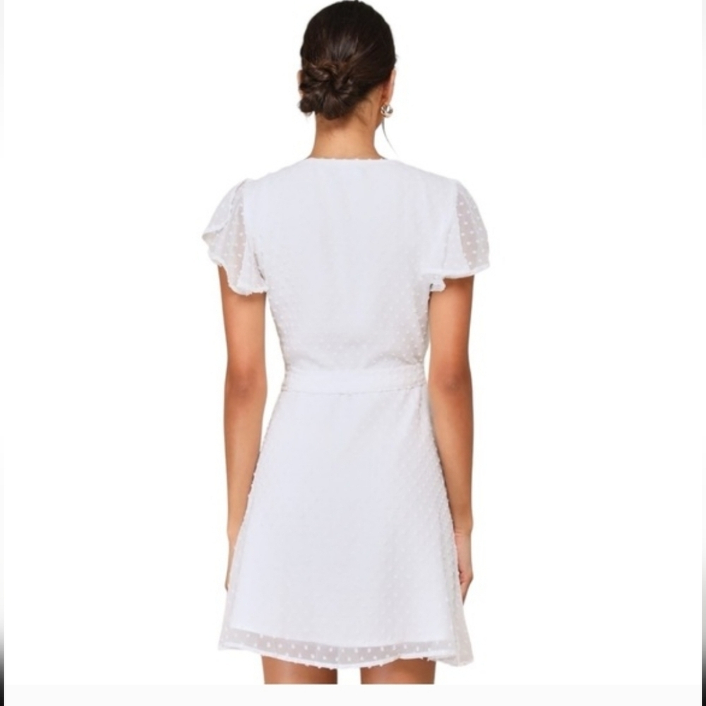 Lulu's - White Swiss Dot Flutter Sleeve Wrap Mini Dress. Size XL. NWT! - Picture 3 of 8